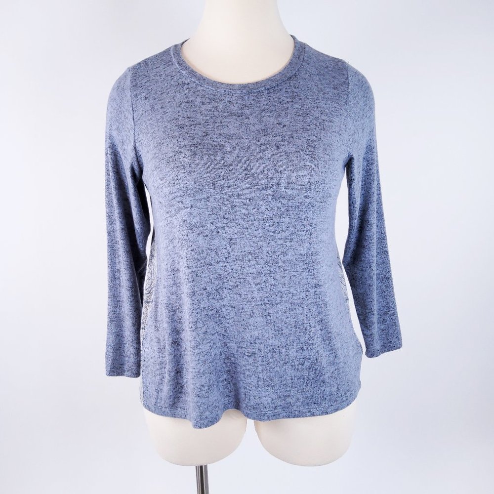 New Bobeau Marled Front Patterned Back Sweater Blue Denim Floral Size 1X